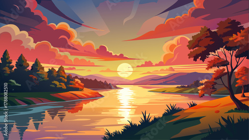 Very beautiful sunset on the Mississippi River in La Crosse, Wisconsin, featuring warm glowing sky colors, calm reflective water, silhouetted trees and riverbanks, and a realistic serene evening lands