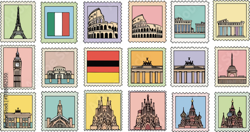 Collection of colorful postage stamps featuring famous European landmarks and national flags, representing travel and tourism.
