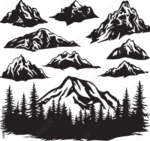 Collection of Stylized Black Silhouette Mountain Peaks and Pine Forest Landscape Vector Graphics Keywords: mountain, mountains, peak, peaks, silhouette, black, white, background, nature, landscape