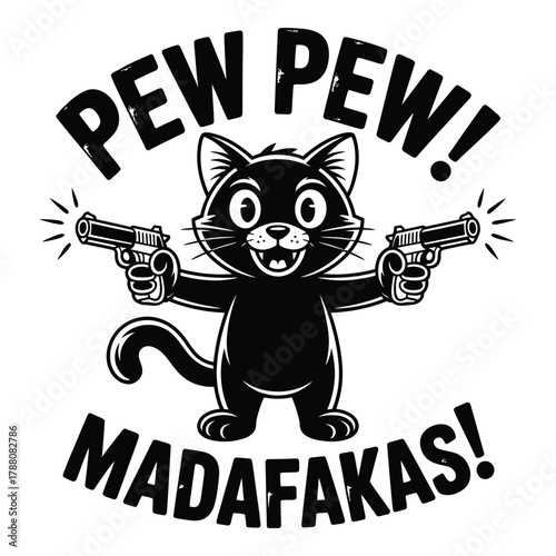 Cartoon cat character with guns humorous illustration black and white design