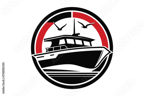 A black fishing boat with red accents navigates the sea beneath the soaring birds