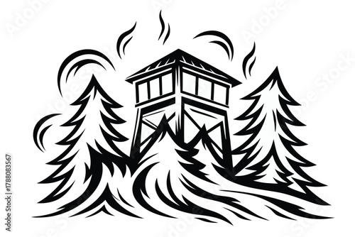 A black and white depicts a forest fire lookout tower between pine trees