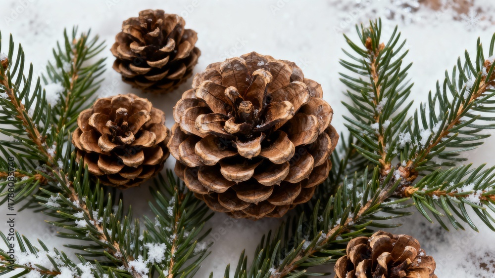 Fototapeta premium Festive holiday arrangement crafted from pine cones and evergreen branches. Overhead view. Seasonal winter theme.