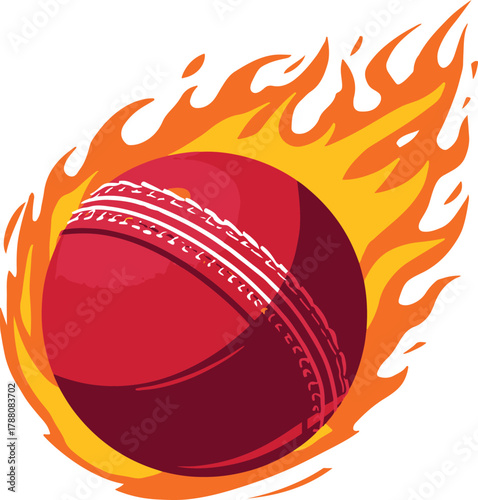 Red cricket ball engulfed in dynamic orange and yellow flames on a white background sport game
