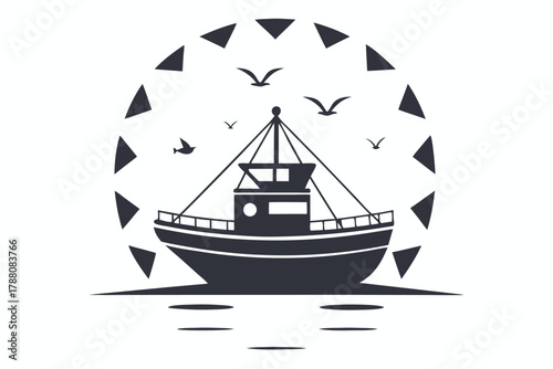 A black silhouette of a fishing boat at sea is surrounded by seagulls and triangles