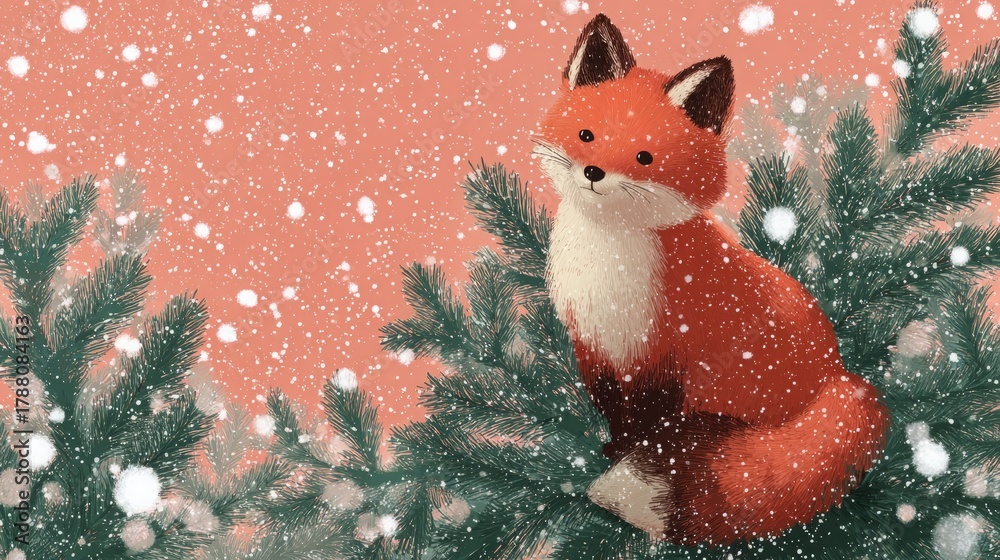 Obraz premium fox against the background of a Christmas tree illustration.