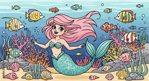 A cartoon mermaid with pink hair and a teal tail swims happily among colorful fish, vibrant coral, and seashells on the ocean floor.