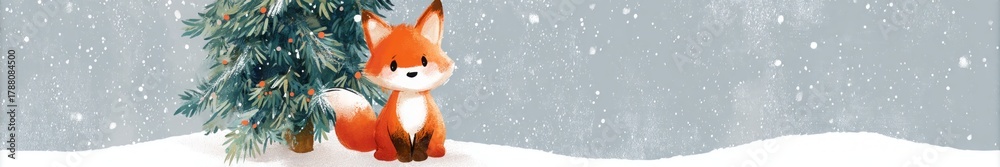 Obraz premium fox against the background of a Christmas tree illustration.