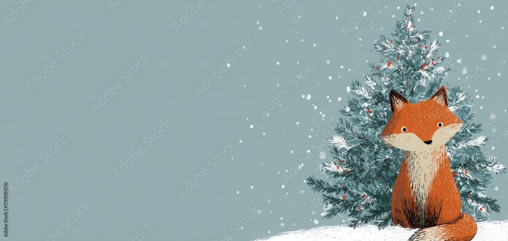 Obraz premium fox against the background of a Christmas tree illustration.