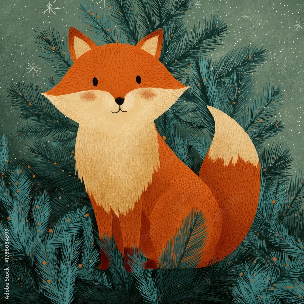 Obraz premium fox against the background of a Christmas tree illustration.