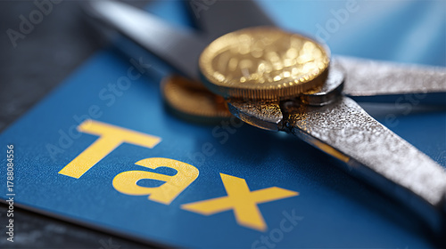 Scissors cutting a coin on a tax document, symbolizing tax cuts or financial struggles