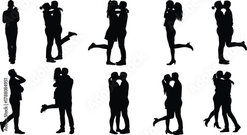 Romantic couple silhouette kissing and hugging, love relationship pose collection, affectionate black figures illustration on white background