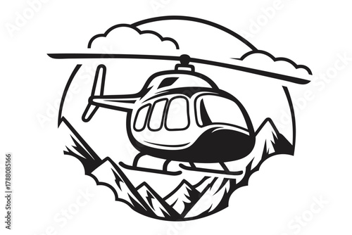 A bold helicopter flies smoothly over mountainous terrain amidst fluffy clouds above it