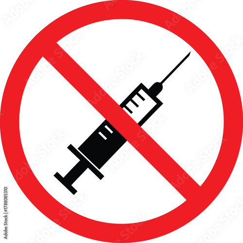 No syringe sign illustration, prohibiting medical injections, drug use, vaccinations, and sharp objects in restricted areas, vector graphic.