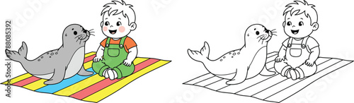 Cute Baby Boy and Seal Sitting on a Blanket Adorable Cartoon Illustration for Kids