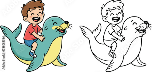 Happy Boy Riding a Cute Seal Joyful Cartoon Illustration for Kids