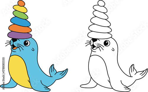 Cute Seal Balancing Colorful Stacking Toy Playful Animal Act Illustration