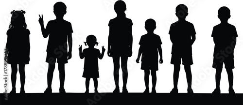 Silhouette of children standing in a row, group of boys and girls posing together on white background illustration