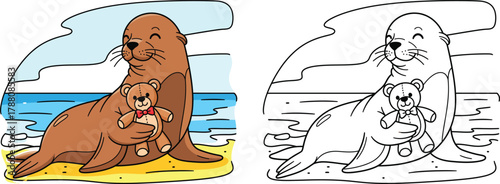 Cute Cartoon Sea Lion Holding a Teddy Bear on the Beach Vector Illustration for Kids Coloring Book
