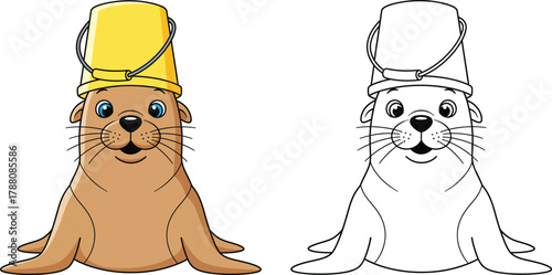 dorable Cartoon Baby Seal with a Yellow Bucket on its Head Vector Illustration for Kids Coloring Book
