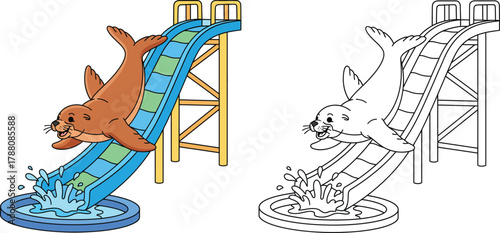 Playful Cartoon Sea Lion Sliding Down a Water Slide Vector Illustration for Kids Coloring Book and Summer Fun