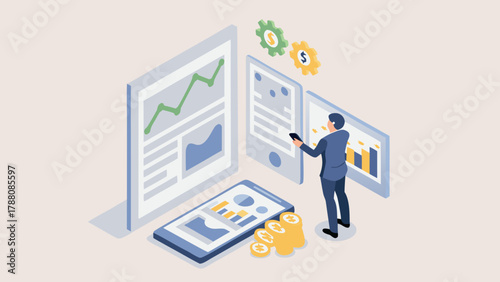 Businessman analyzing financial data on multiple screens and mobile devices with charts and coins symbolizing profit growth