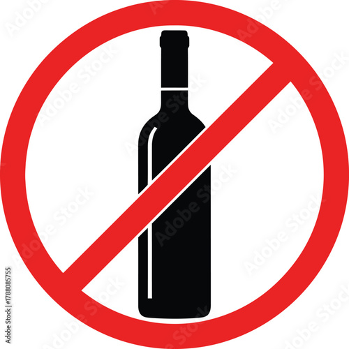 No alcohol sign, prohibition symbol, alcohol bottle in red crossed circle, restriction on drinking, abstention from alcoholic beverages, warning, beverage.