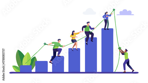 Diverse team of people climbing blue bar graph using a green rope symbolizing teamwork and business growth