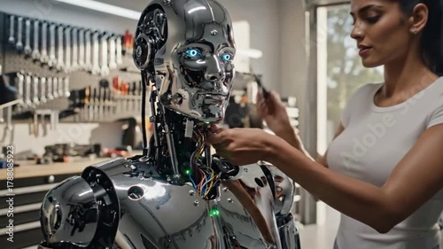 Attractive Indian woman building a robot in her high-tech laboratory