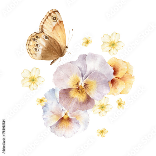 Butterfly with pansies and primroses, elegant floral composition