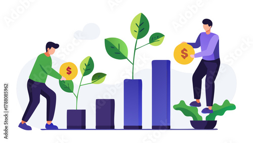 Two men planting money coins into growing plants next to a rising bar chart representing financial growth and investment success