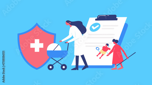 Healthcare professional with baby stroller and family near medical shield and insurance document with checkmark