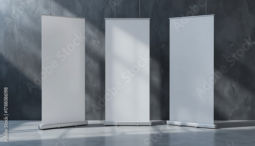 Three blank roll up banner stands in a studio mockup