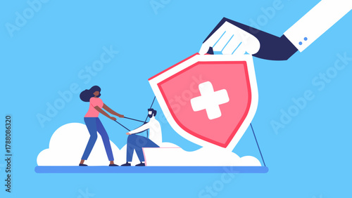 Diverse people working together to hold up a large shield with a medical cross symbolizing healthcare protection and support