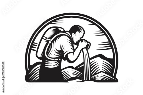 A focused hiker with a backpack drinks water from a pitcher above mountain scenery