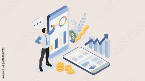 Man analyzing financial charts on a smartphone with coins and growth graphs indicating business success and investment growth