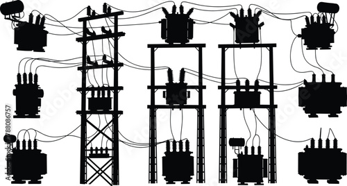 Silhouette vector illustration of electrical substation with transformers, circuit breakers, insulators—power distribution infrastructure, voltage system, energy grid, industrial layout