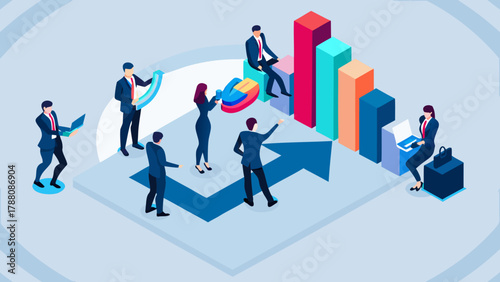 Business team collaborating around a colorful bar graph and pie chart with upward trending arrows indicating growth and success