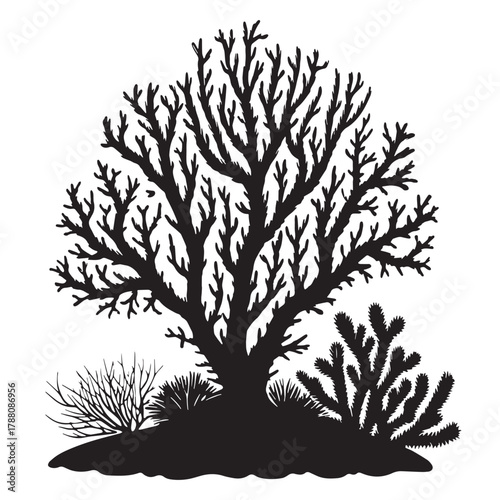 Black Underwater Coral Silhouette Vector, High Quality Illustration on White Background