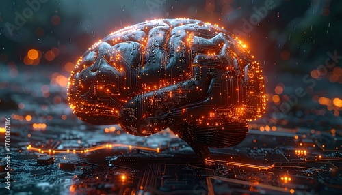 Central circuitry within computerized brain digital representation of advanced computer brain highlighting its essential central circuit component