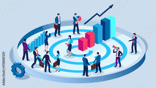 Business professionals collaborating around a circular chart with rising bar graphs and an upward trending arrow indicating growth and success