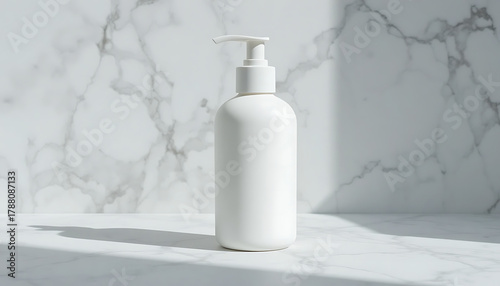 White pump bottle on marble surface with light shadows mockup