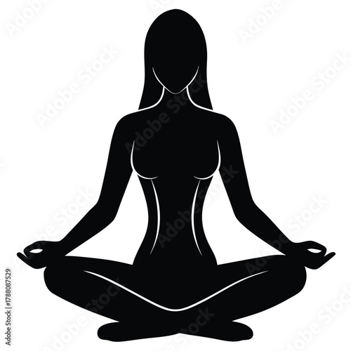 Silhouette of a woman in lotus position isolated on white background, meditating peacefully