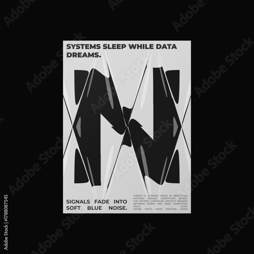 Abstract poster design with letter N and liquid glass distortion and refraction effects. Composition blending typography, reflection, and optical illusion.