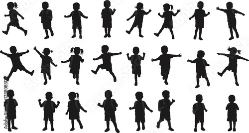 Silhouette of happy children playing, jumping, running and dancing together, joyful kids illustration isolated on white background