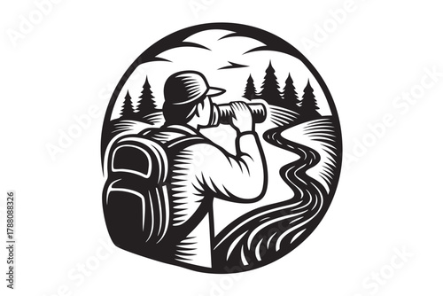 A man with a backpack observes the river through binoculars during a hike