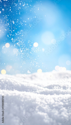 フレッシュな雪原と降雪の幻想的な光、キラキラ光る冬のイメージ。美容や装飾品などの広告に最適な背景。縦型