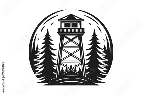 A monochrome forest observation tower stands between tall pine trees, framed by a stylized oval