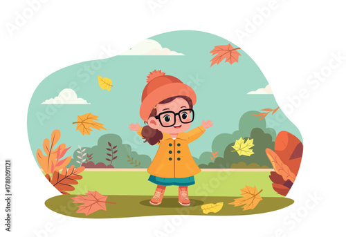 autumn season girl in the park with falling leaves cartoon vector illustration