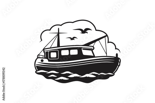 A sturdy black boat sails the ocean, as birds fly above it